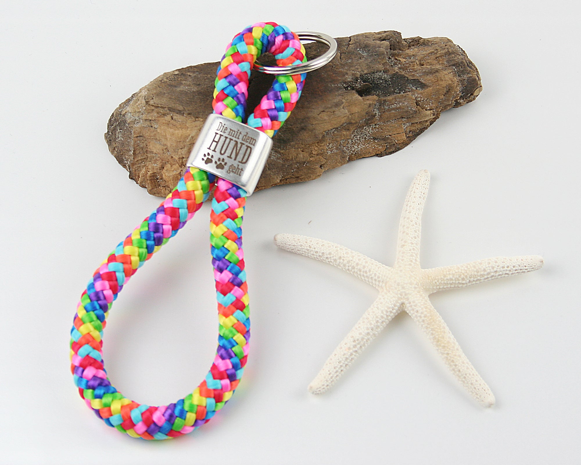 Schlüsselanhänger Gravur Die mit dem Hund geht Segelseil 150 mm