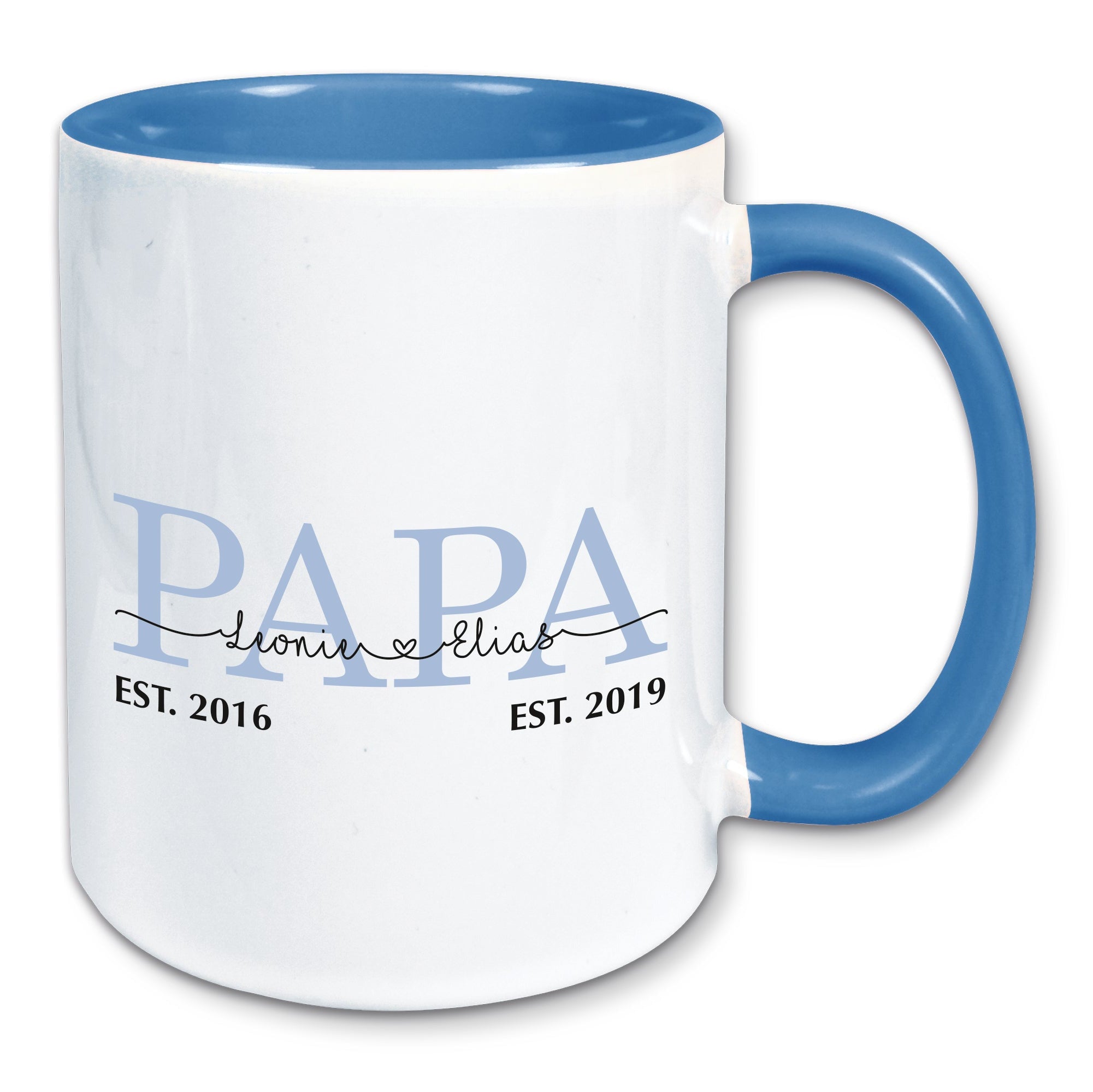 Tasse, Kaffeebecher, Papa personalisiert mit den Namen und Geburtsjahren der Kinder
