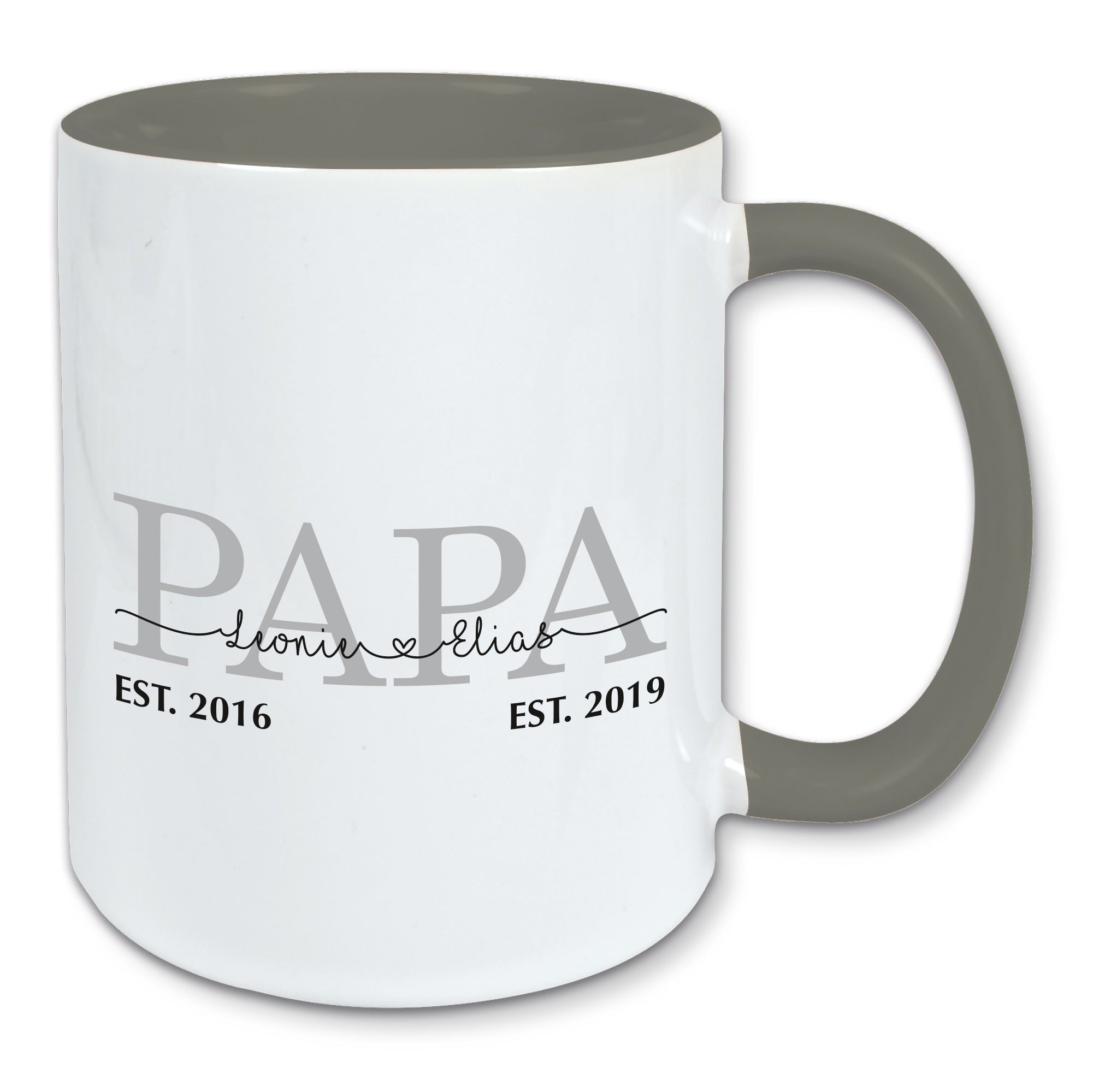Tasse, Kaffeebecher, Papa personalisiert mit den Namen und Geburtsjahren der Kinder