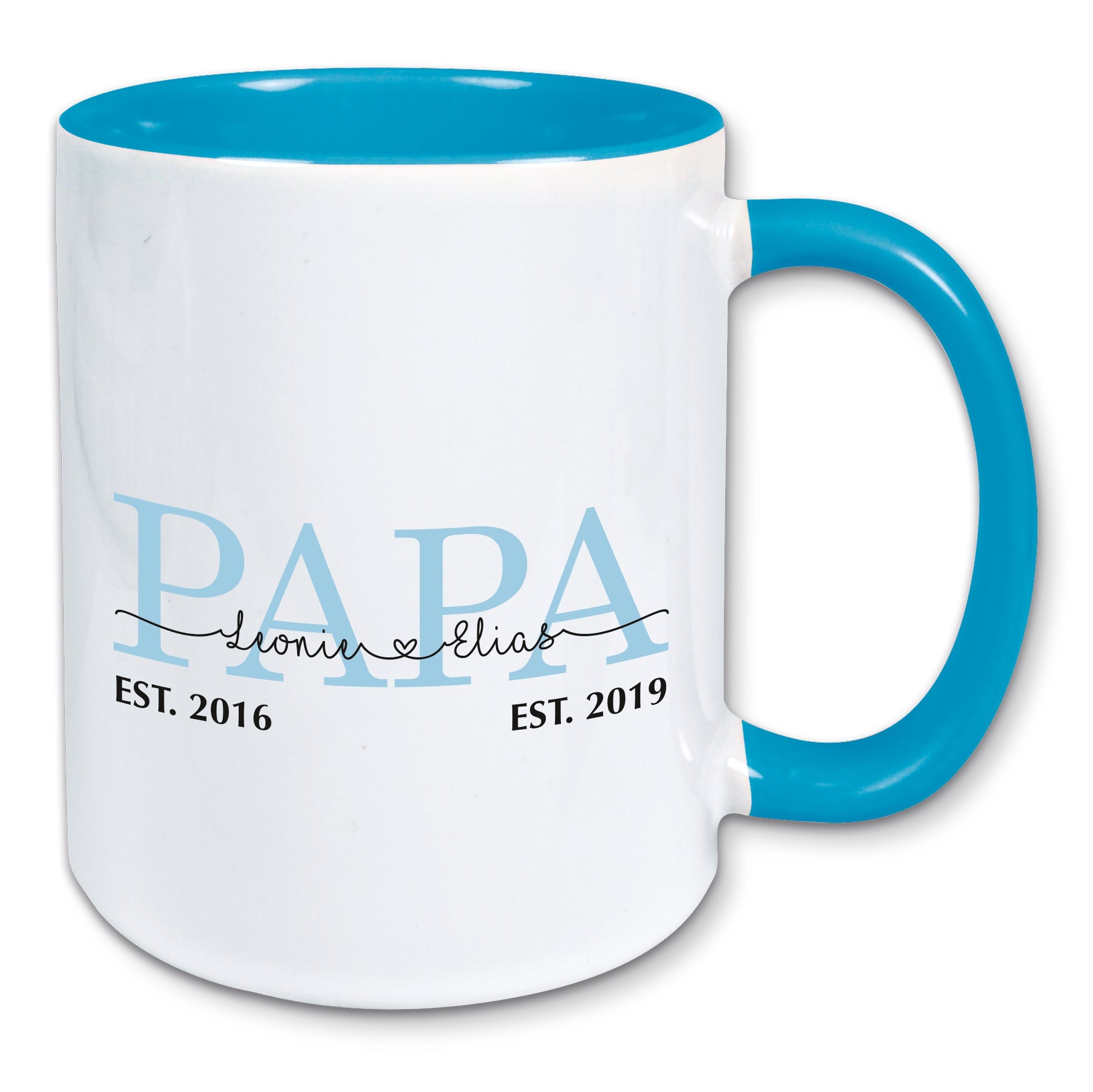 Tasse, Kaffeebecher, Papa personalisiert mit den Namen und Geburtsjahren der Kinder