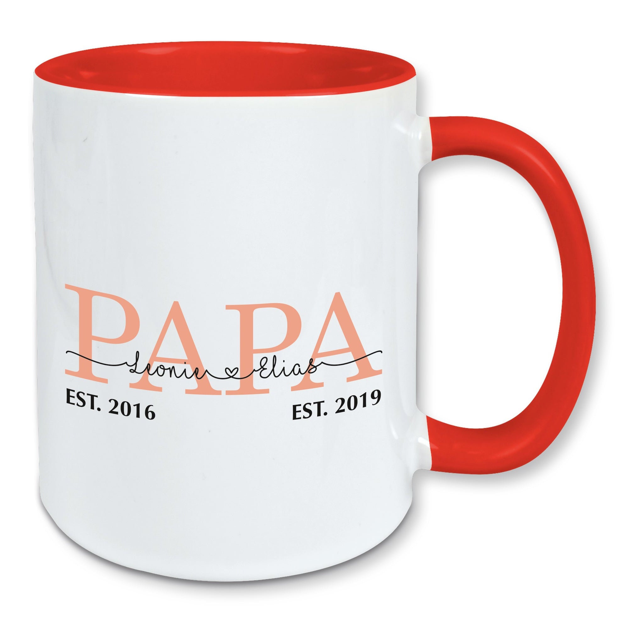 Tasse, Kaffeebecher, Papa personalisiert mit den Namen und Geburtsjahren der Kinder