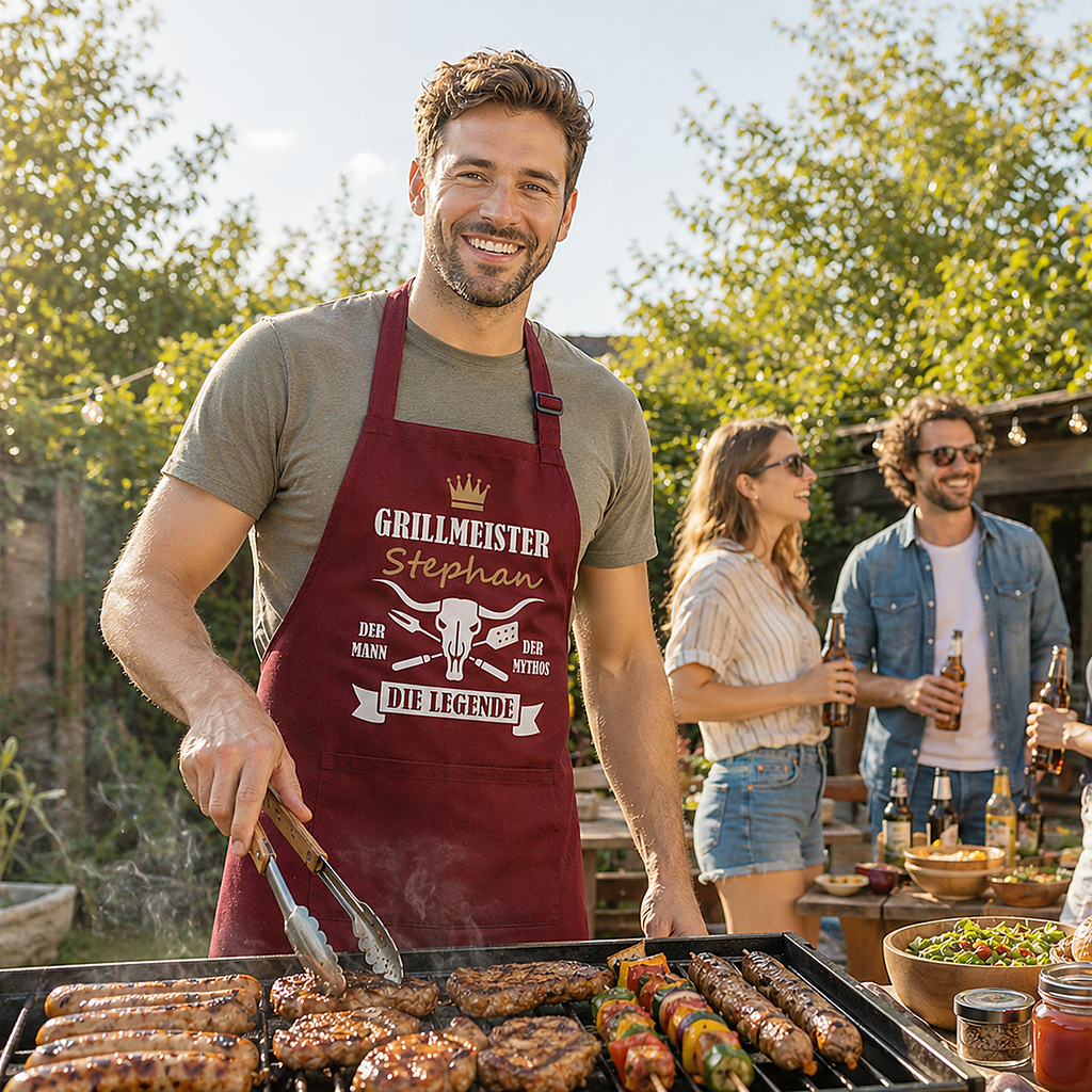 Schürze Männer Grillmeister mit Namen Wunschnamen Grillschürze Küchenschürze Kochschürze personalisiert