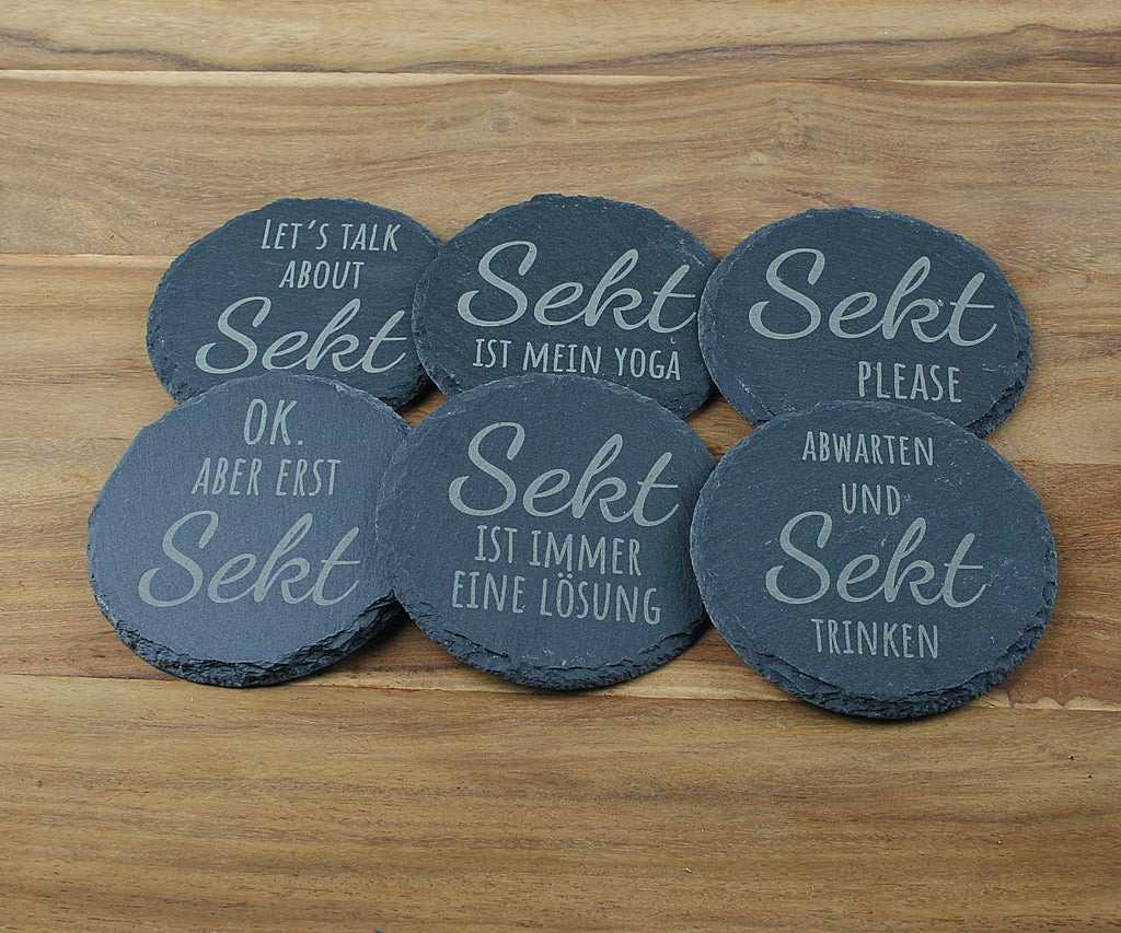 Untersetzer Schiefer - Sekt-Sprüche - Geschenkidee - Laser Gravur personalisiert