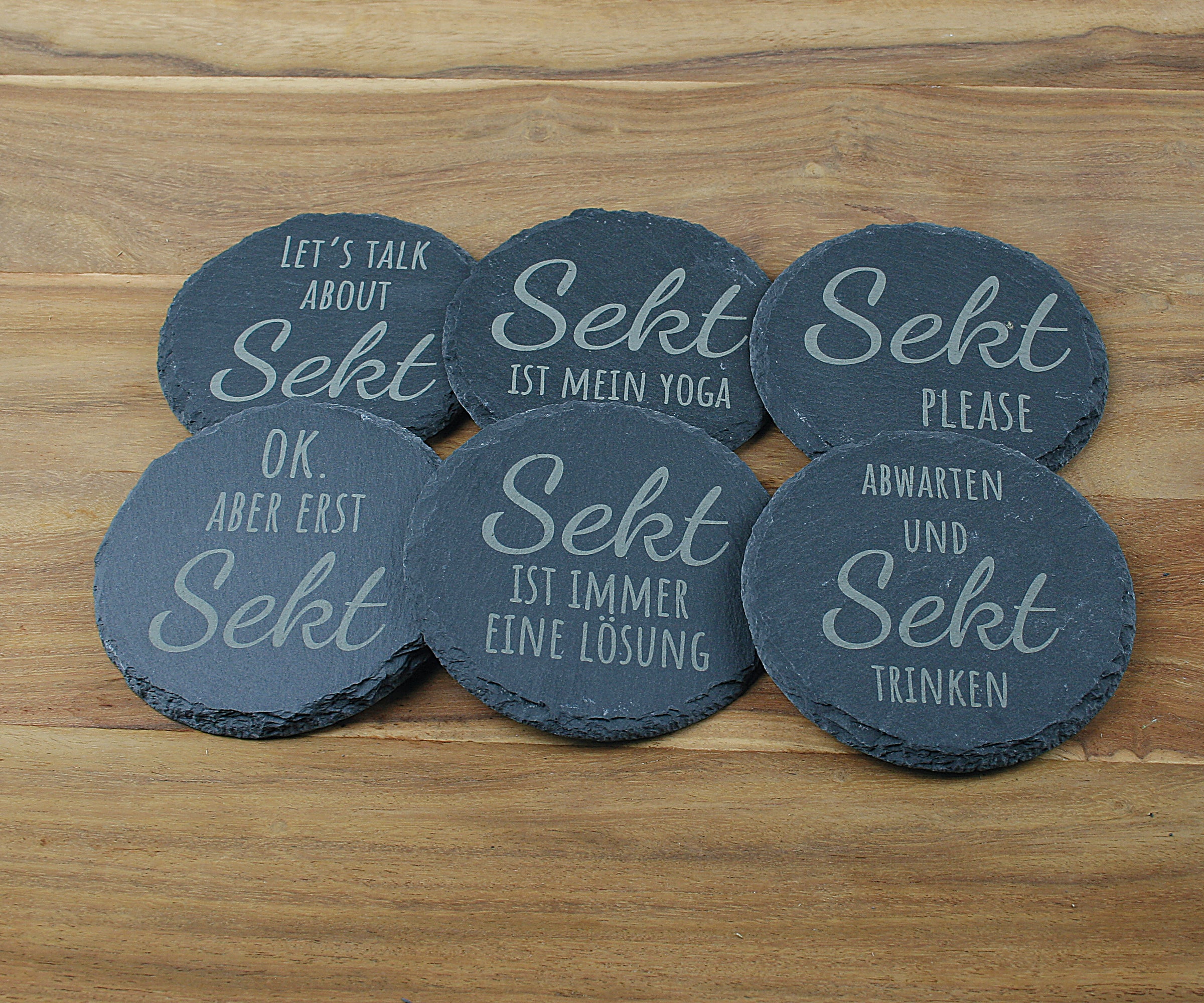 Untersetzer Schiefer - Sekt-Sprüche - Geschenkidee - Laser Gravur personalisiert